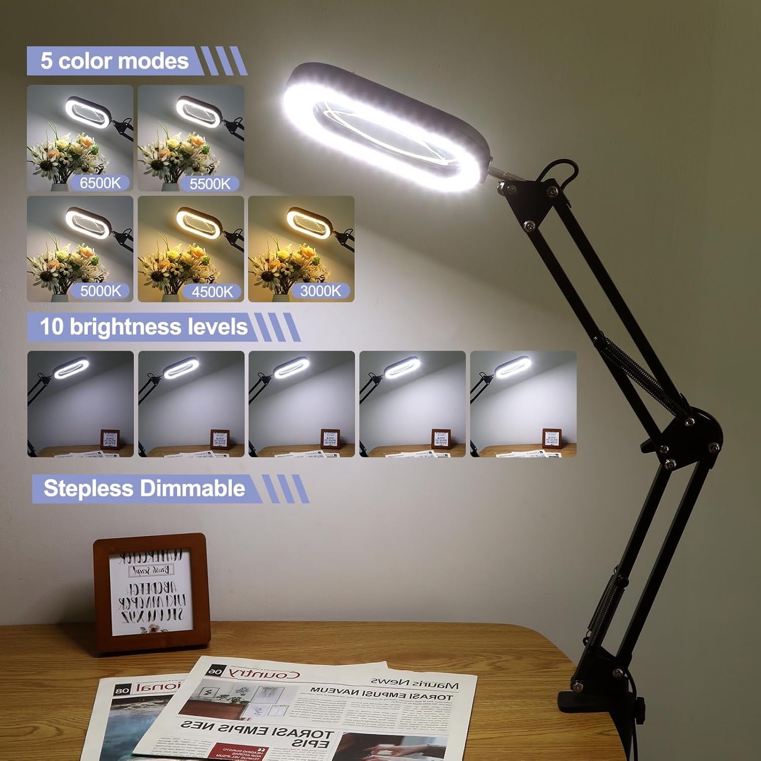 Cozylumi™ Rectangle Magnifying Glass with Light and stand, 5*3 Inch Real Glass 5 Color