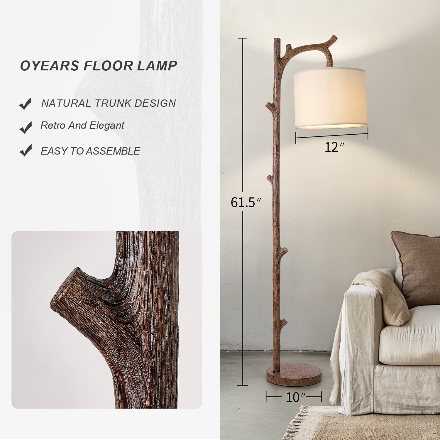 Cozylumi™ 61.5" Vintage Floor lamp for Living Room, Brown Resin Tree Trunk decoration
