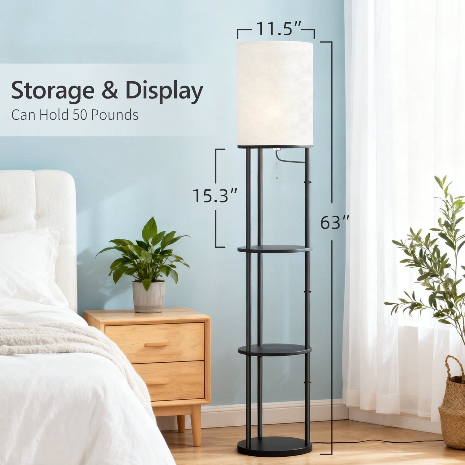 Cozylumi™ Foukus 63" Round Shade Floor Lamp with Shelves: Lamp for Living Room with 3