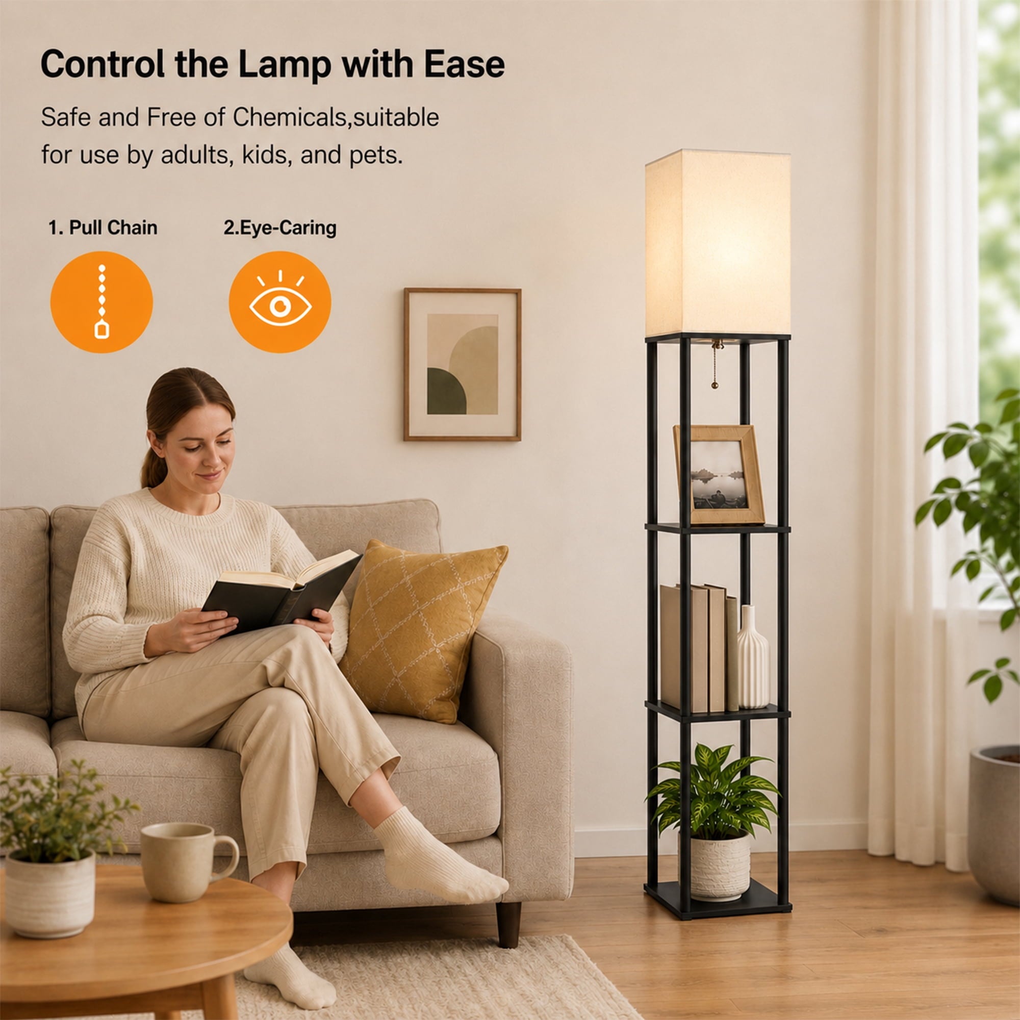 Cozylumi™ Floor Lamp With Shelves, 62 Black Shelf Floor Lamp with 9W LED Bulb, 3 Color
