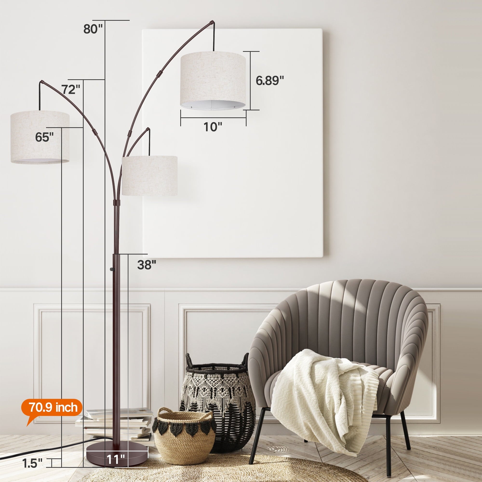Cozylumi™ 3 Light Floor Lamp, 80" Mordern Standing Lamp with Linen Lamp Shade, Arc