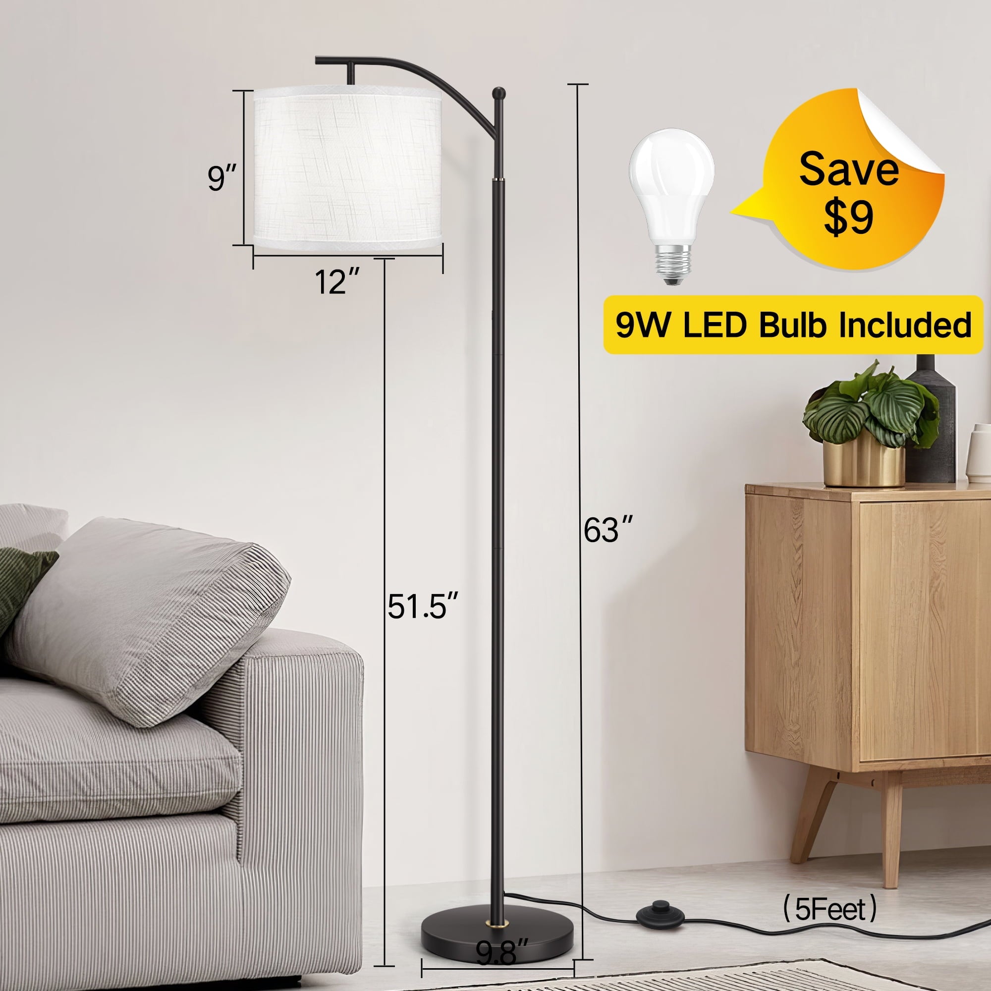 Cozylumi™ 63" Arc Floor Lamp for Living Room, Modern Standing Lamp with Hanging Linen