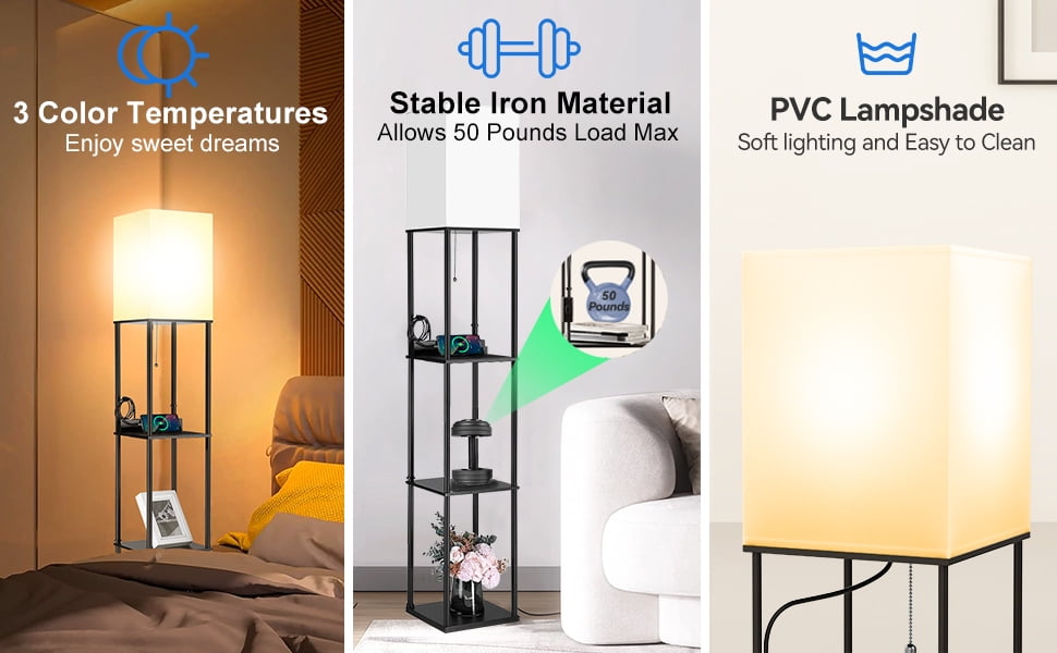 Cozylumi™ Floor Lamp w. Shelves Including 2AC Outlets & 2USB Ports 9W LED Light Bulb 3