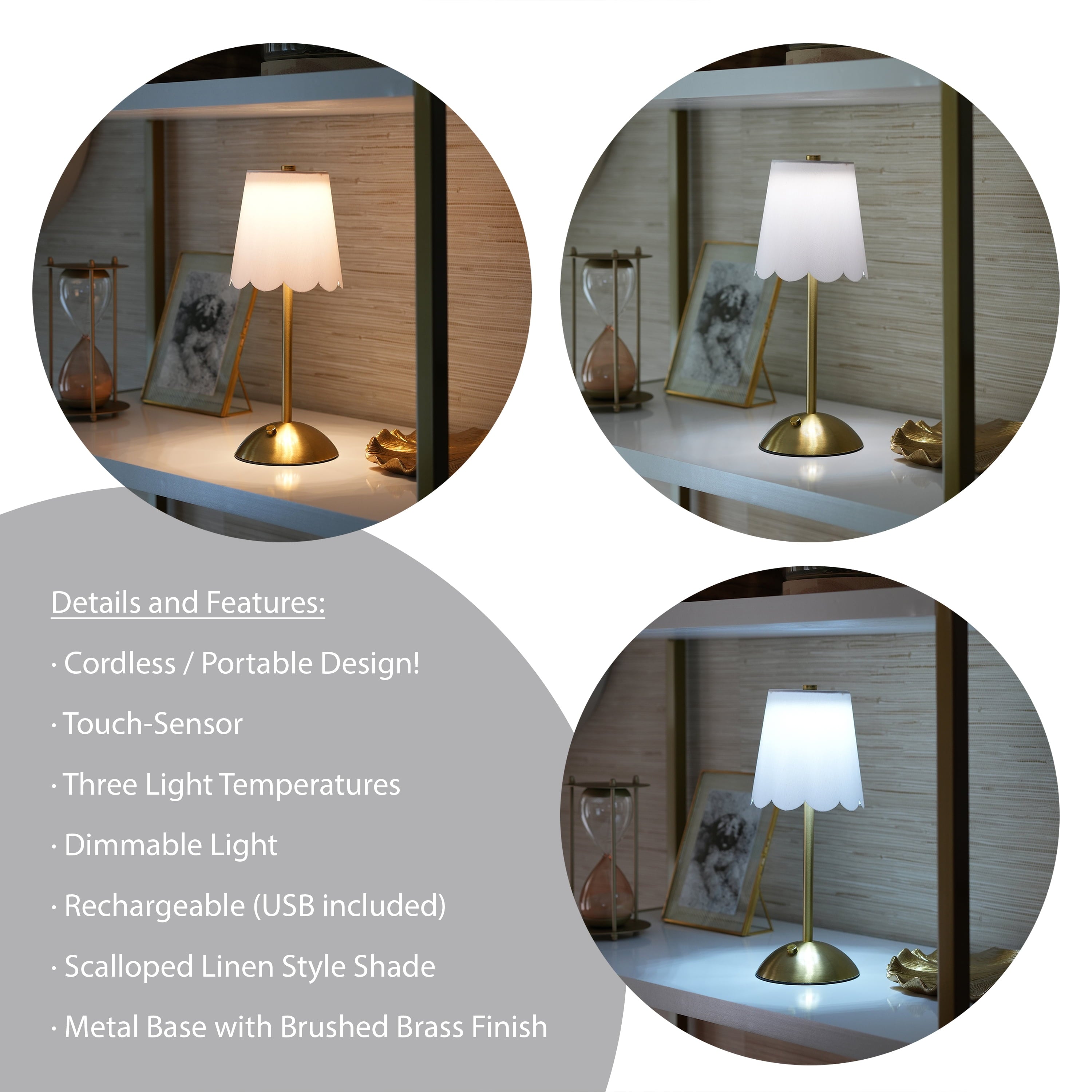Cozylumi™ Cordless Rechargeable 11.9" Brass Table Lamp with Dimmable 3 Option Lights