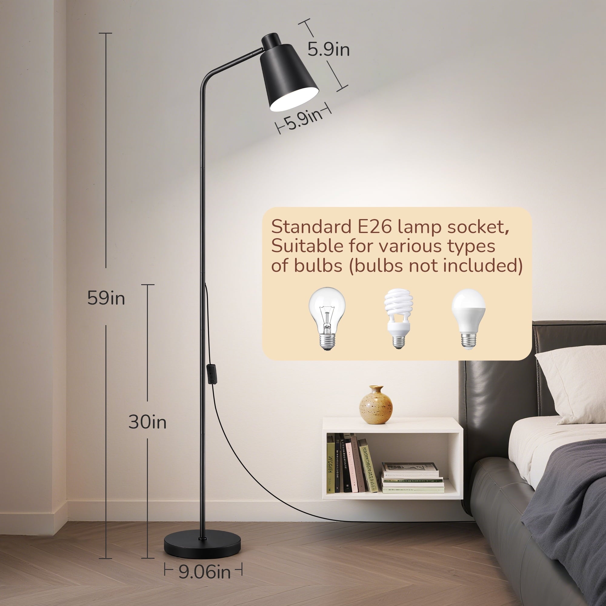 Cozylumi™ 59" Black Modern Floor Lamps for Living Room, Adjustable Lampshade, Metal
