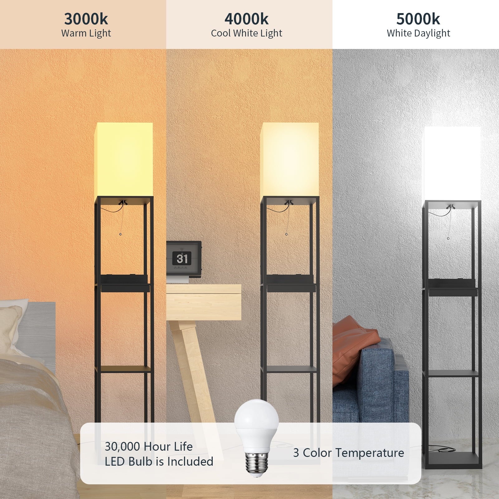 Cozylumi™ Floor Lamp with Shelves,Modern Dimmable Solid Wood Standing Lamp with 1