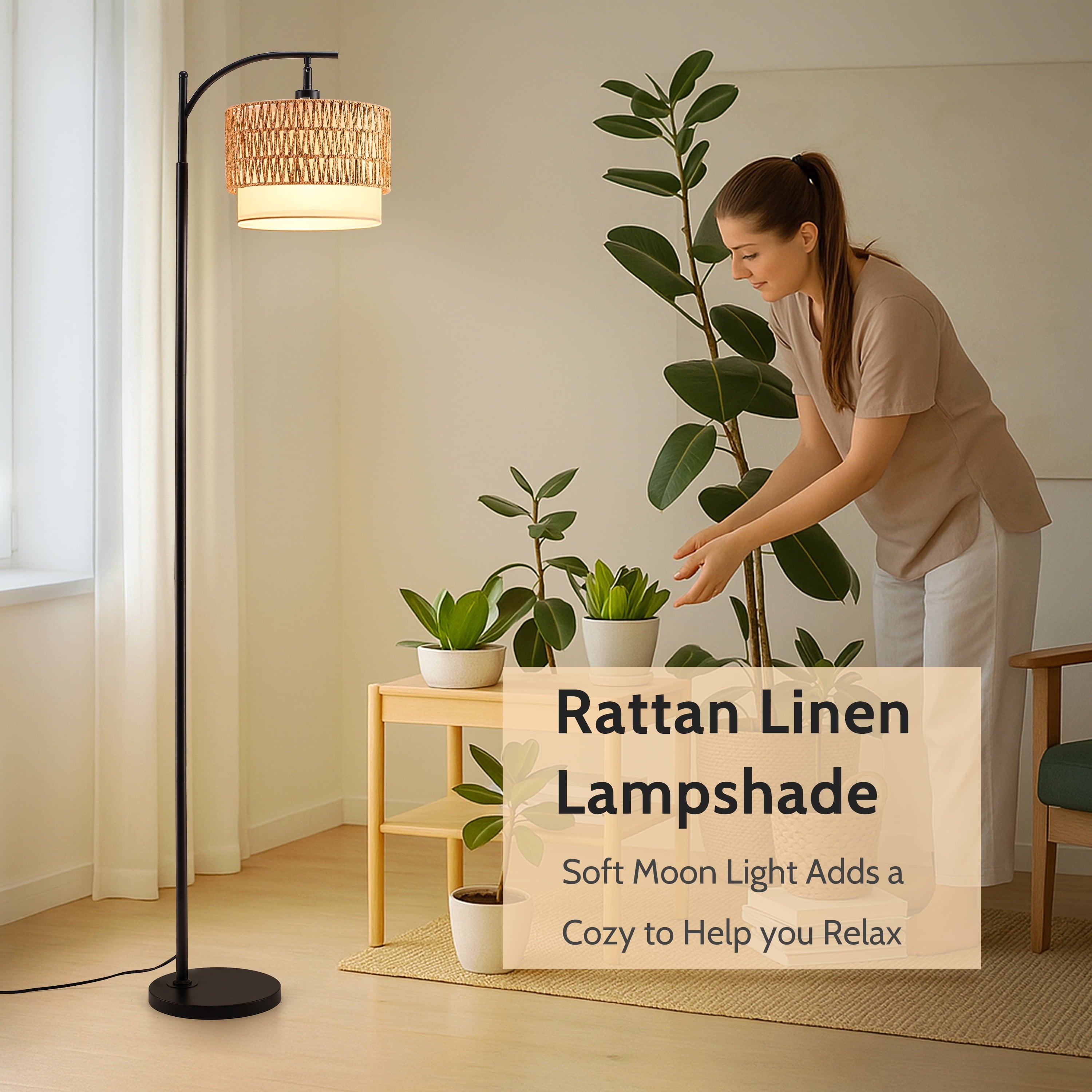 Cozylumi™ Coliware Rattan Floor Lamp for Living Room, Standing Lamp with Double Drum