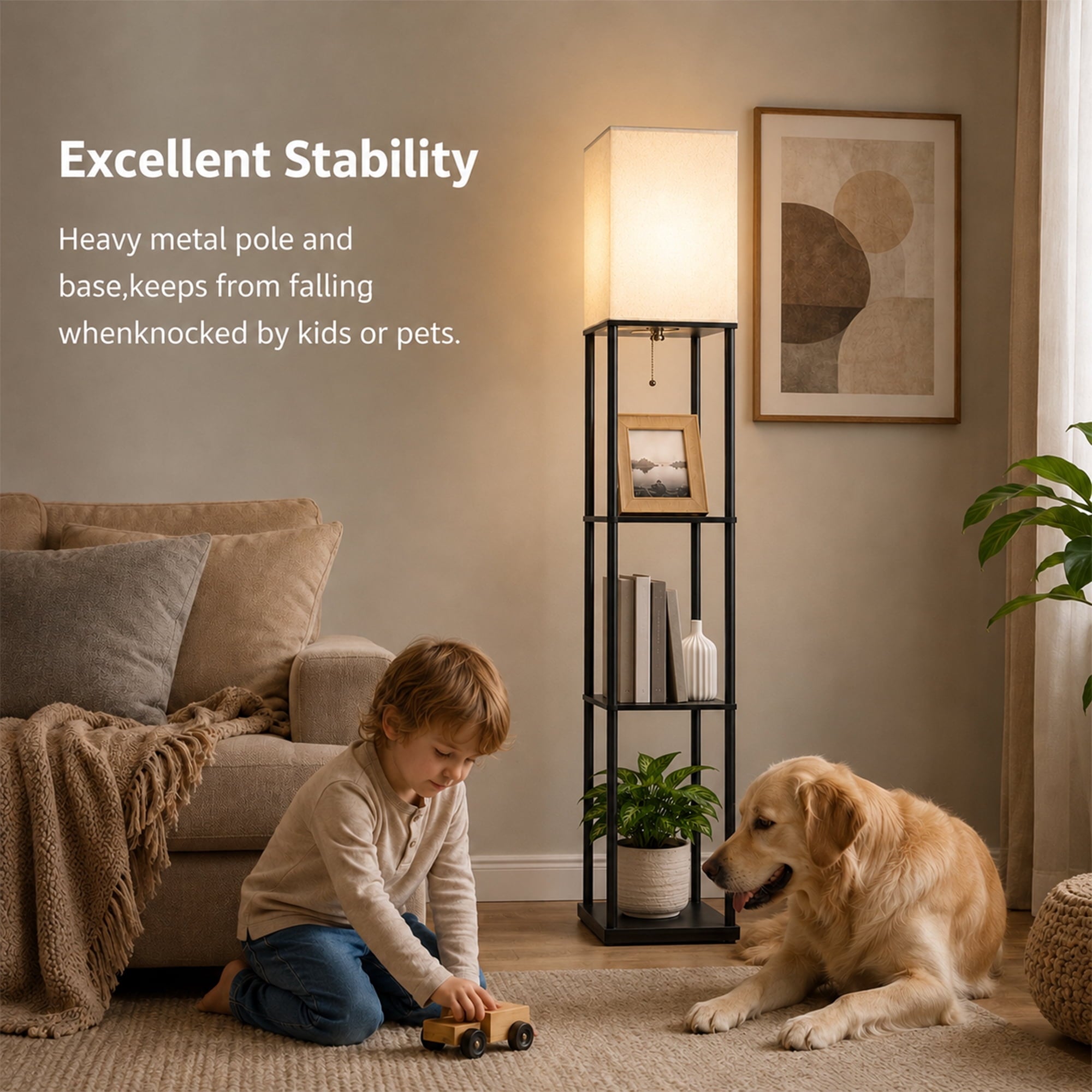 Cozylumi™ Floor Lamp With Shelves, 62 Black Shelf Floor Lamp with 9W LED Bulb, 3 Color