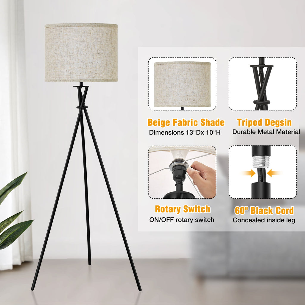 Cozylumi™ Black Tripod Floor Lamp, Mid Century Standing Lamp for Living Room,61" Tall