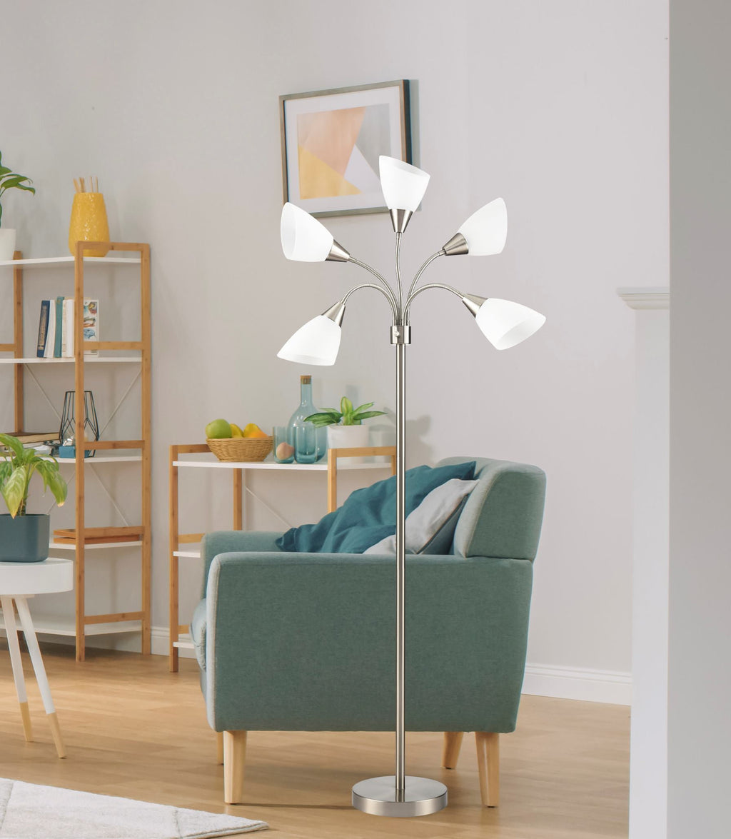Cozylumi™ Simplee 67" 5-Light Modern Adjustable Arm Brushed Steel Floor Lamp with White
