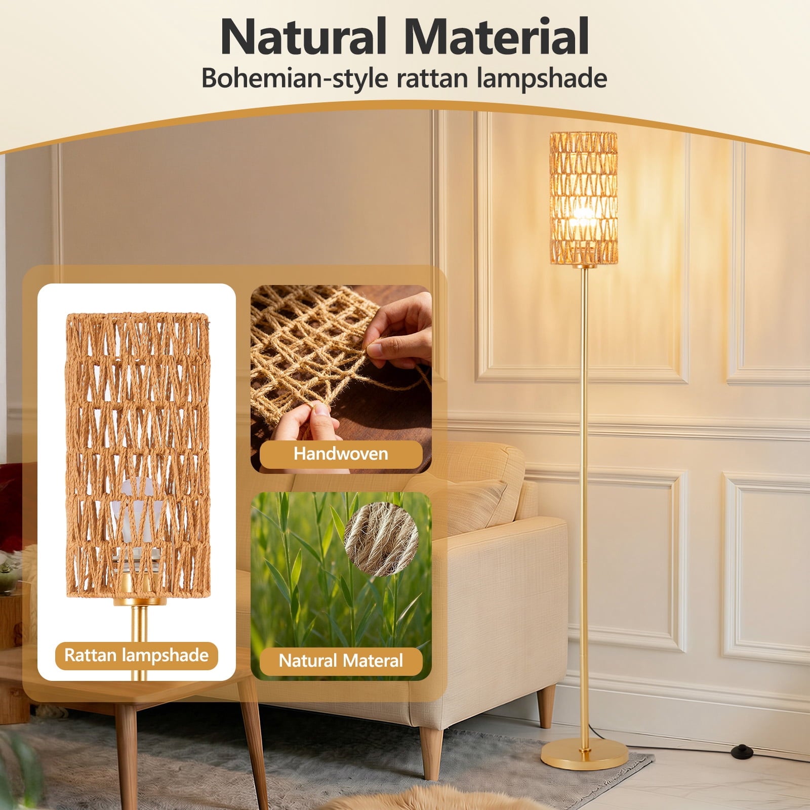 Cozylumi™ 66" Bedroom Floor Lamp 3 Color Temperatures, Gold Tall Standing Lamp with