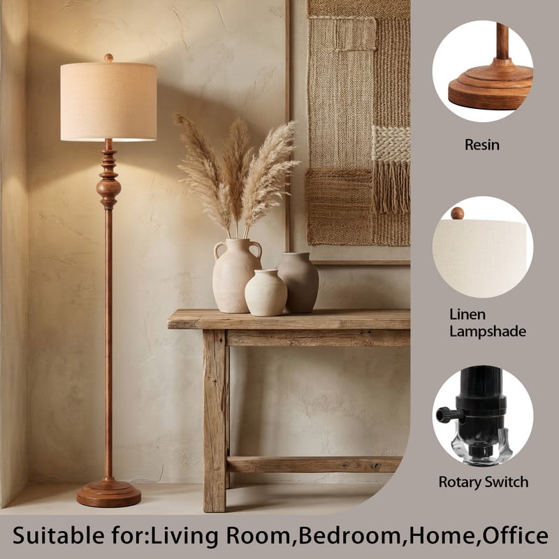 Cozylumi™ 64.25" Farmhouse Floor Lamp,Brown Bedside Lamp with Fabric Shade,Standing