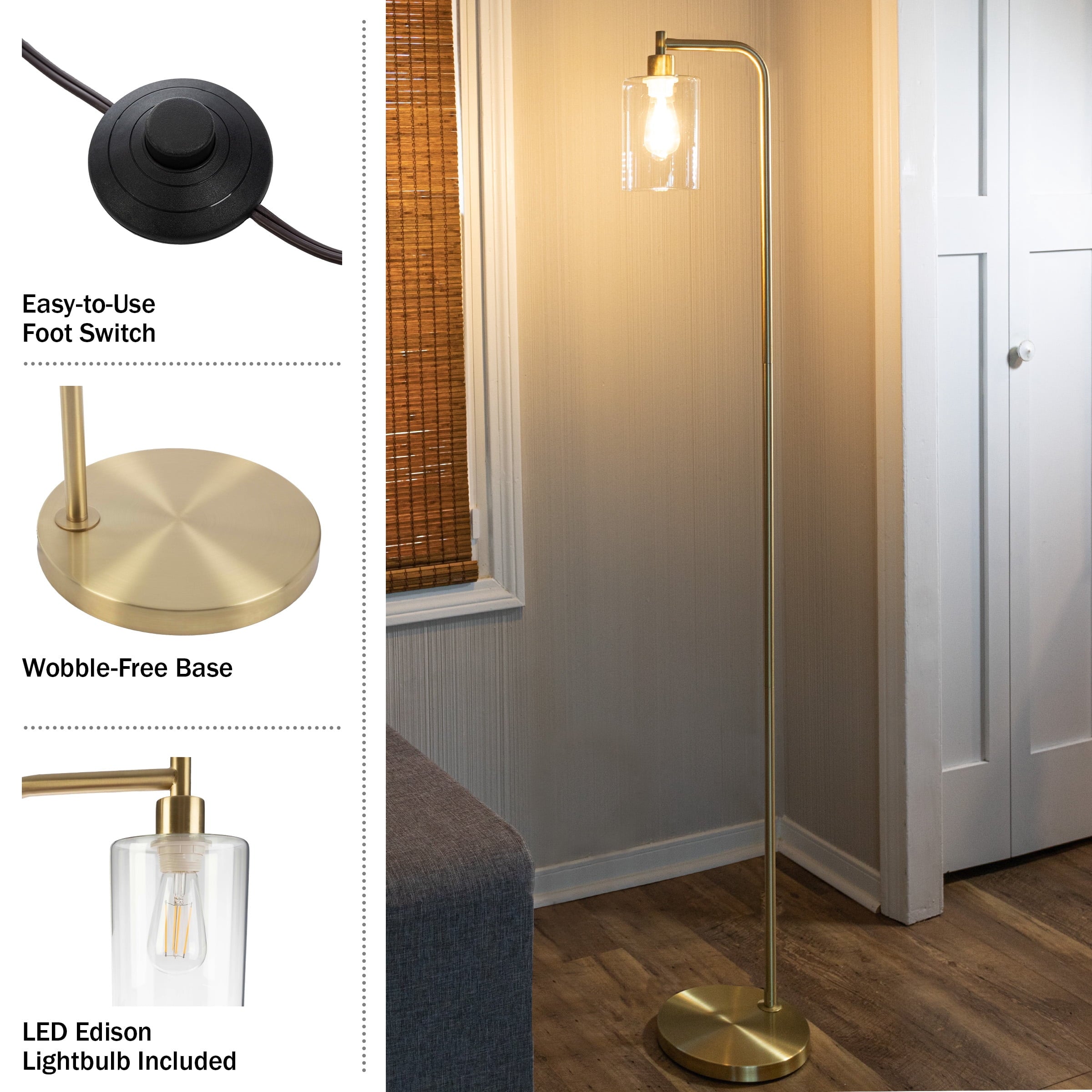 Cozylumi™ 65-inch Modern Floor Lamp with Glass Shade and LED Edison Bulb Gold