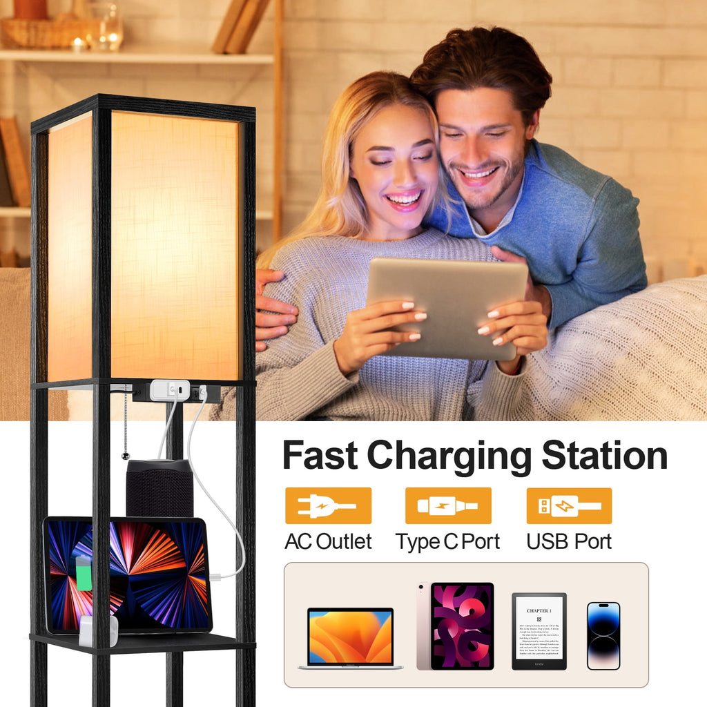 Cozylumi™ Floor Lamp with Shelves and Charging, 63.7'' Dimmable Standing Tall Wood