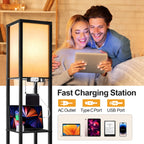 Cozylumi™ Floor Lamp with Shelves and Charging, 63.7'' Dimmable Standing Tall Wood