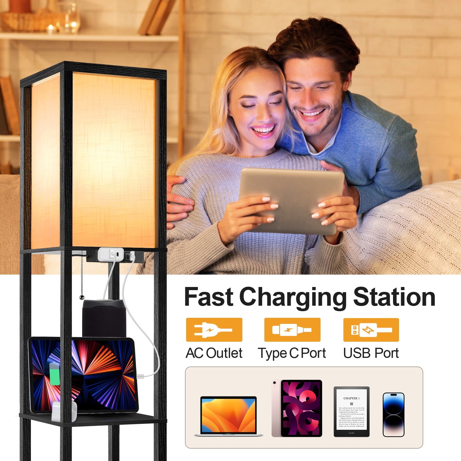 Cozylumi™ Floor Lamp with Shelves and Charging, 63.7'' Dimmable Standing Tall Wood