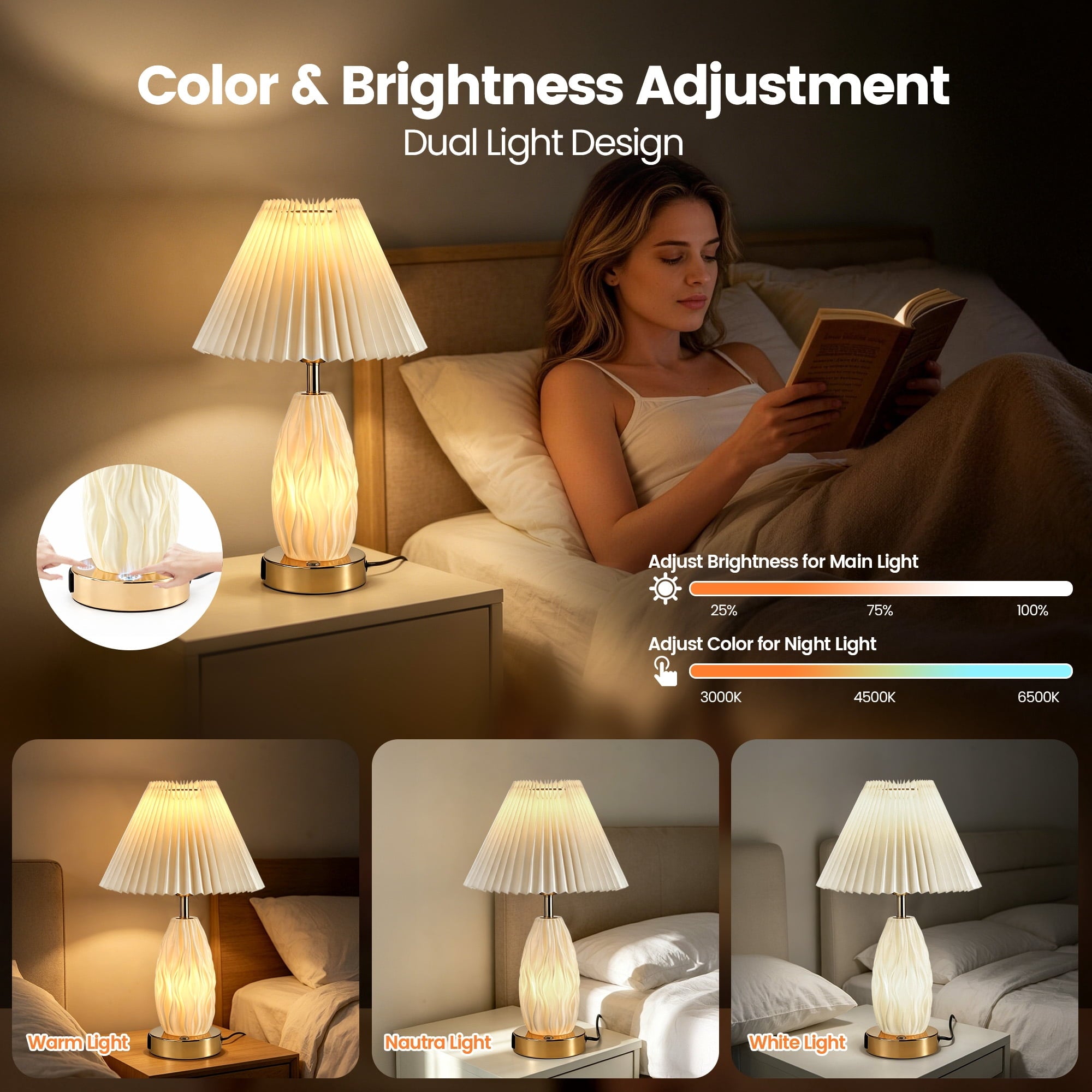 Cozylumi™ GVDV HOME 17.5" Table Lamp with USB A&C Ports and Night Light, Touch Control