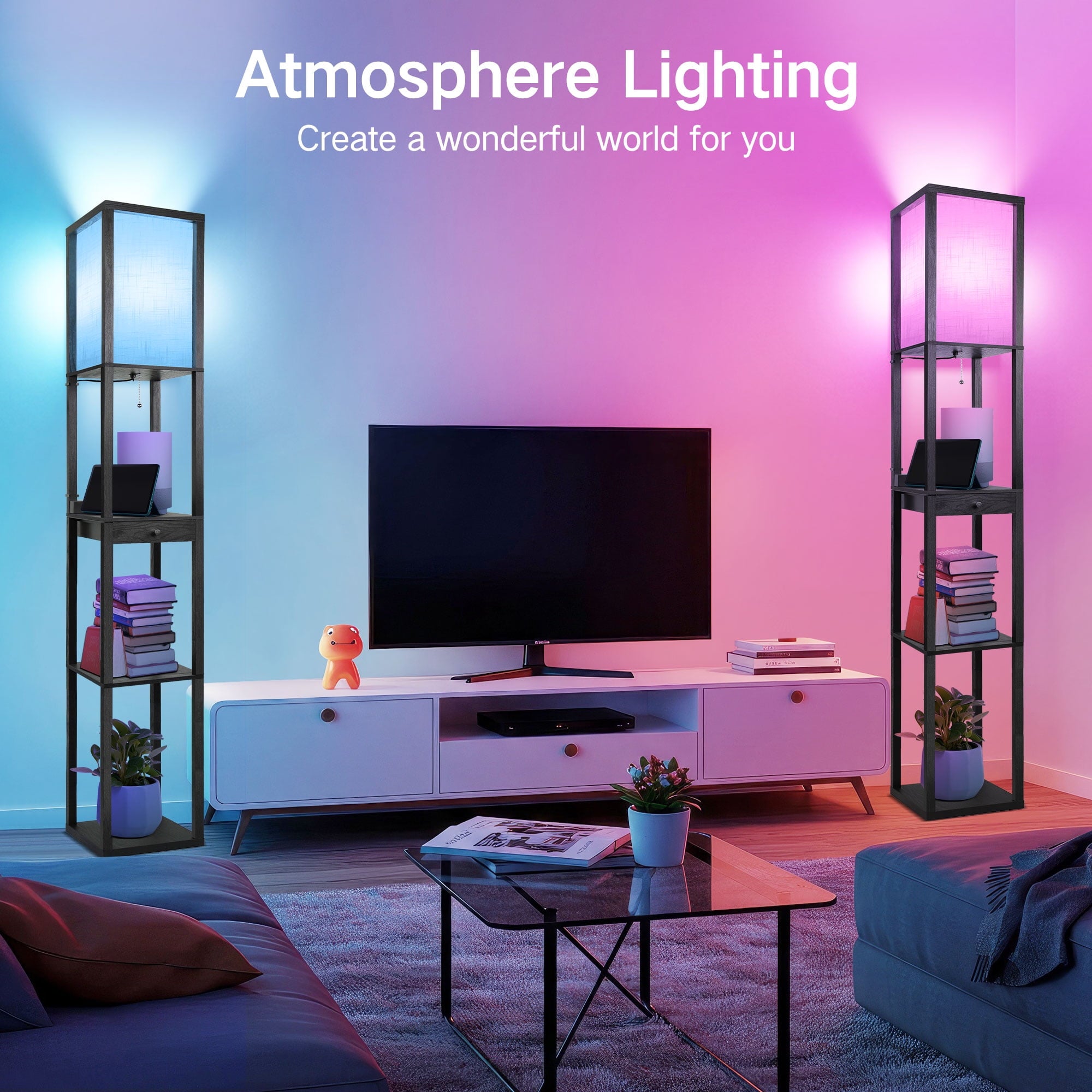 Cozylumi™ Floor Lamp with Shelves & Drawer, RGB LED Standing Lamps with 4 Color