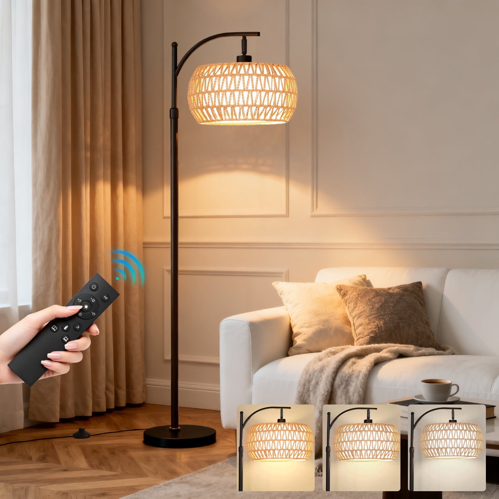 Cozylumi™ 70'' Dimmable Arc Rattan Floor Lamp Standing Lamp with Rattan & Fabric Double