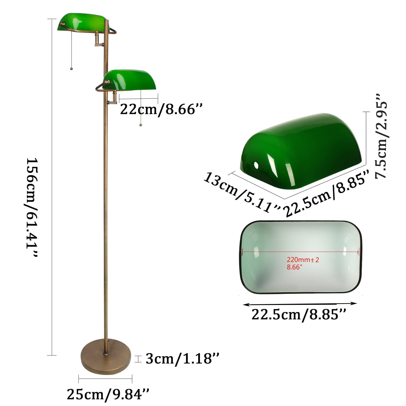Cozylumi™ Novaretro Vintage Green Glass Bankers Floor Lamp with Adjustable Arm & Pull