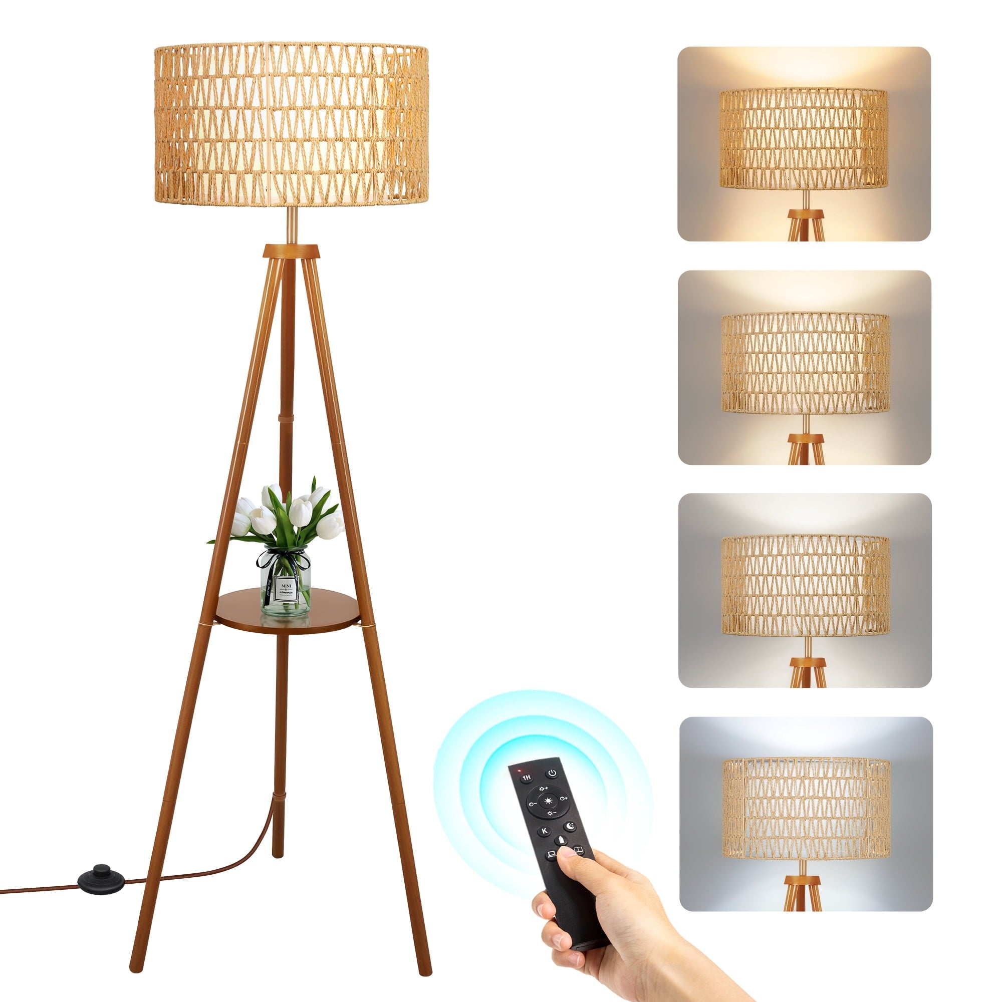Cozylumi™ Boho Rattan Tripod Floor Lamp with Shelves, Dimmable Standing Lamp with