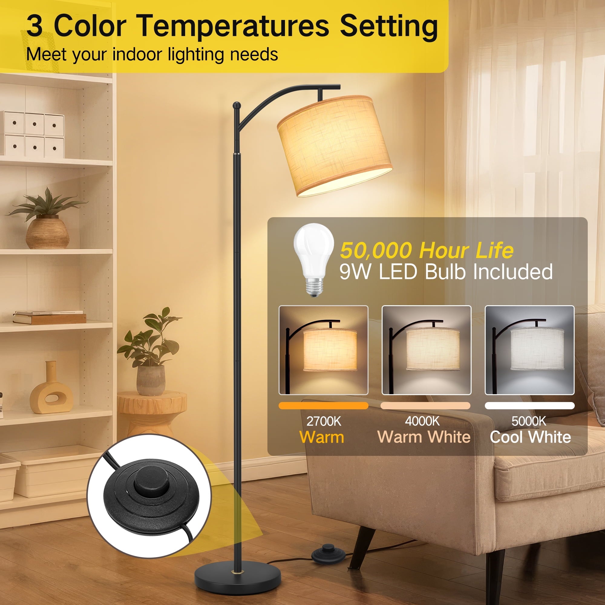 Cozylumi™ 63" Arc Floor Lamp for Living Room, Modern Standing Lamp with Hanging Linen