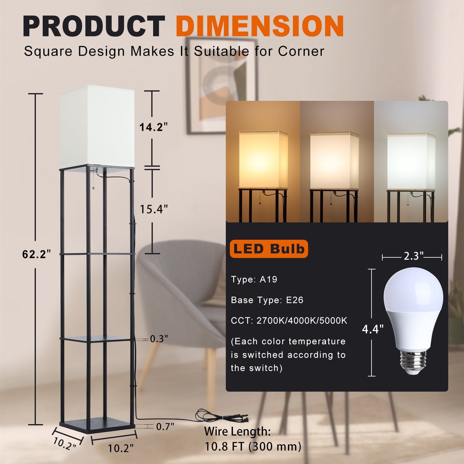Cozylumi™ Vesteel Floor Lamp with 3-Tier Shelves, Standing Lamp with 3 Color Adjustable