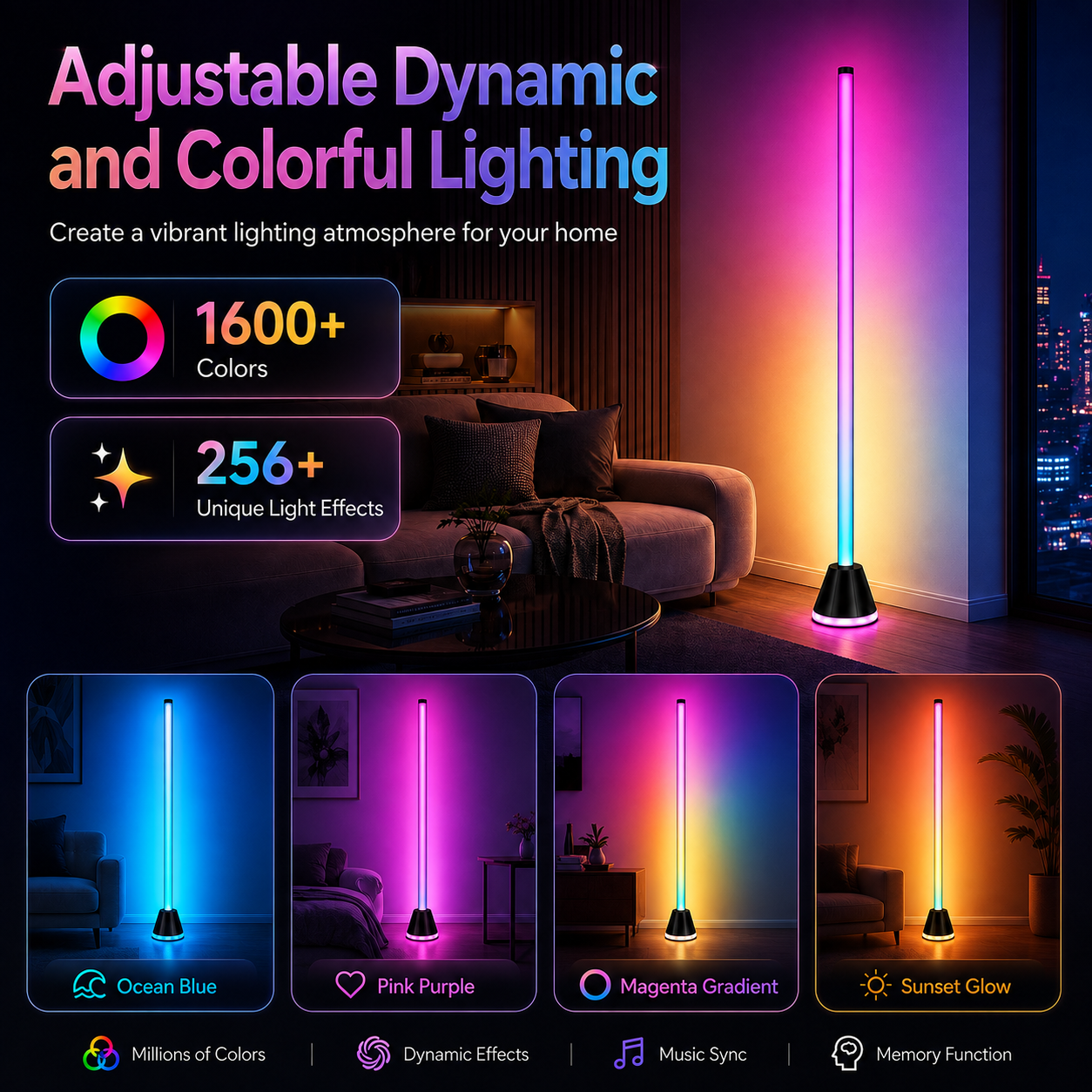 Cozylumi™ RGBIC Corner Floor Lamps with Glowing Base, 16 Million Colors,2700K-6500K