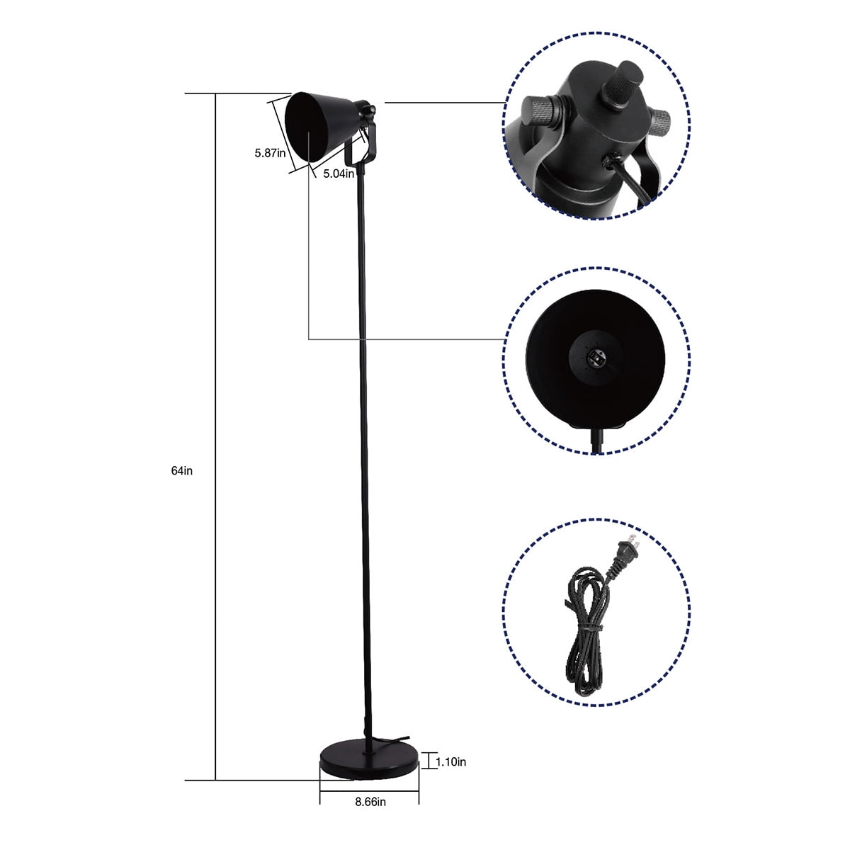 Cozylumi™ 64-Inch Modern Floor Lamp with Adjustable Shade and Black Finish for Living