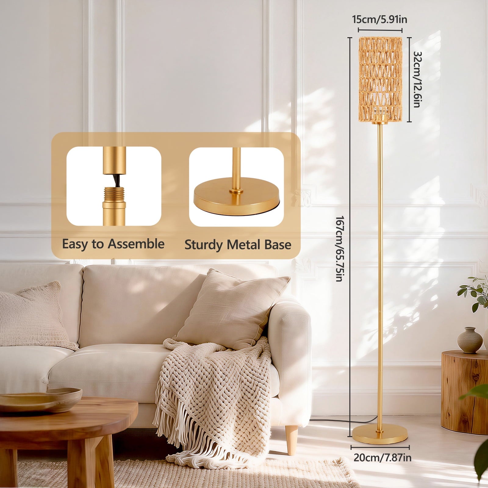 Cozylumi™ 66" Bedroom Floor Lamp 3 Color Temperatures, Gold Tall Standing Lamp with