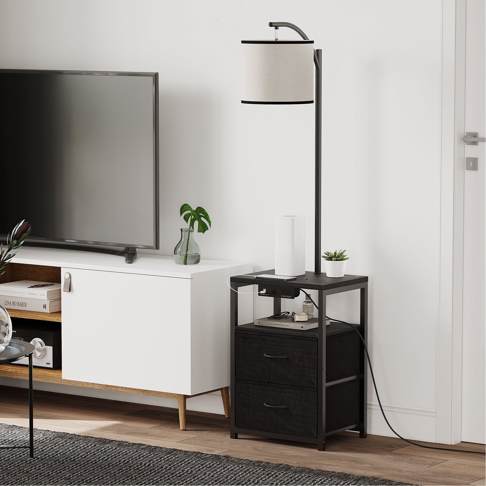 Cozylumi™ Floor Lamp with Table & 2 Drawers, Lamp with USB Port and Outlet, 3 Color Led