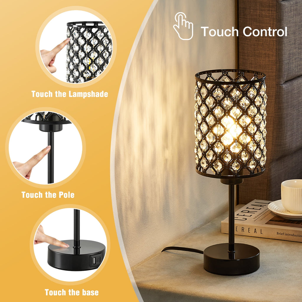 Cozylumi™ Crystal Table Lamp for Bedroom,Modern Dimmable Touch Lamp with Crystal