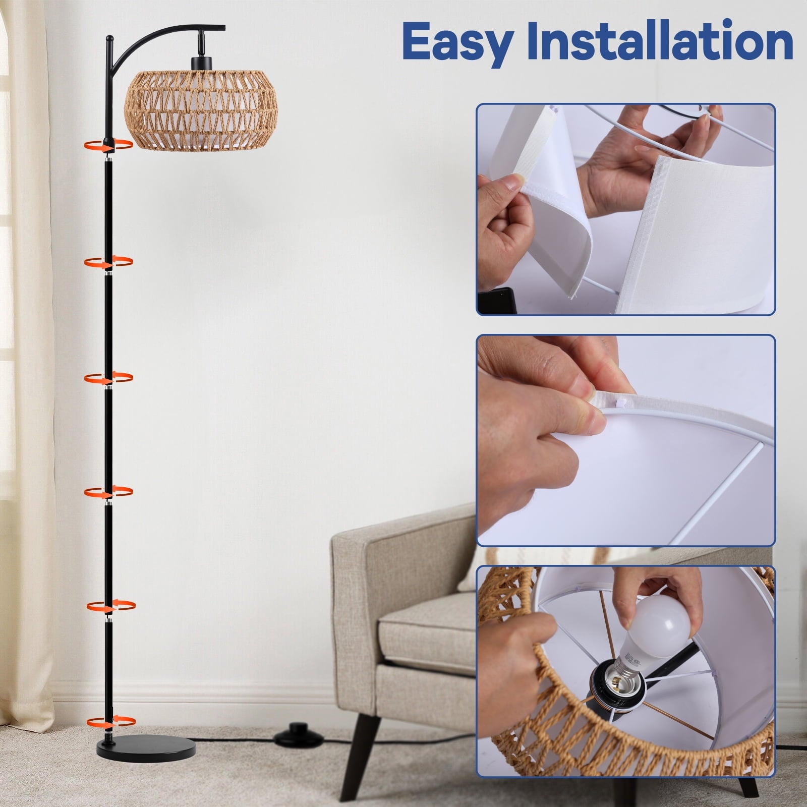 Cozylumi™ 70'' Dimmable Arc Rattan Floor Lamp Standing Lamp with Rattan & Fabric Double