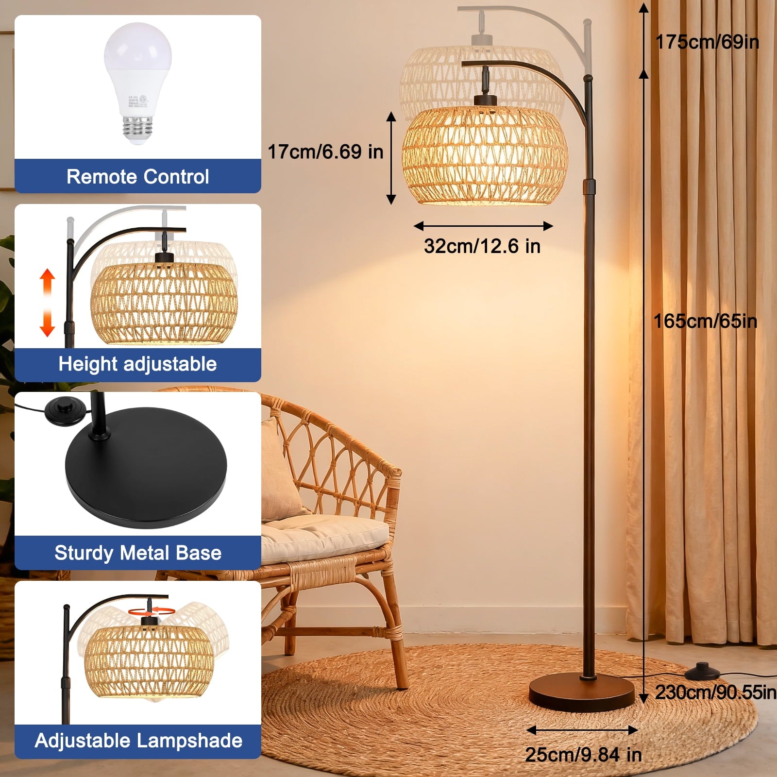Cozylumi™ 70'' Dimmable Arc Rattan Floor Lamp Standing Lamp with Rattan & Fabric Double