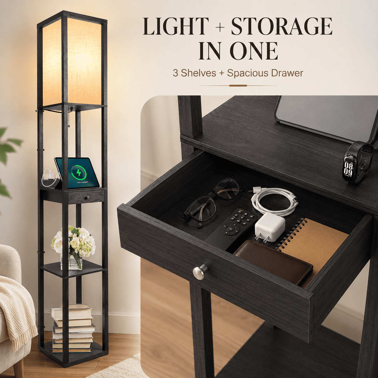 Cozylumi™ Floor Lamp with Shelves & Drawer, LED Standing Lamps with 3 Color