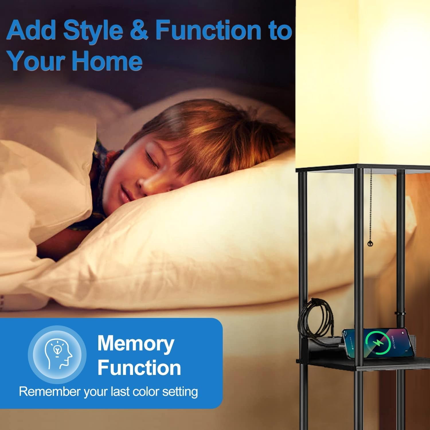 Cozylumi™ Floor Lamp w. Shelves Including 2AC Outlets & 2USB Ports 9W LED Light Bulb 3
