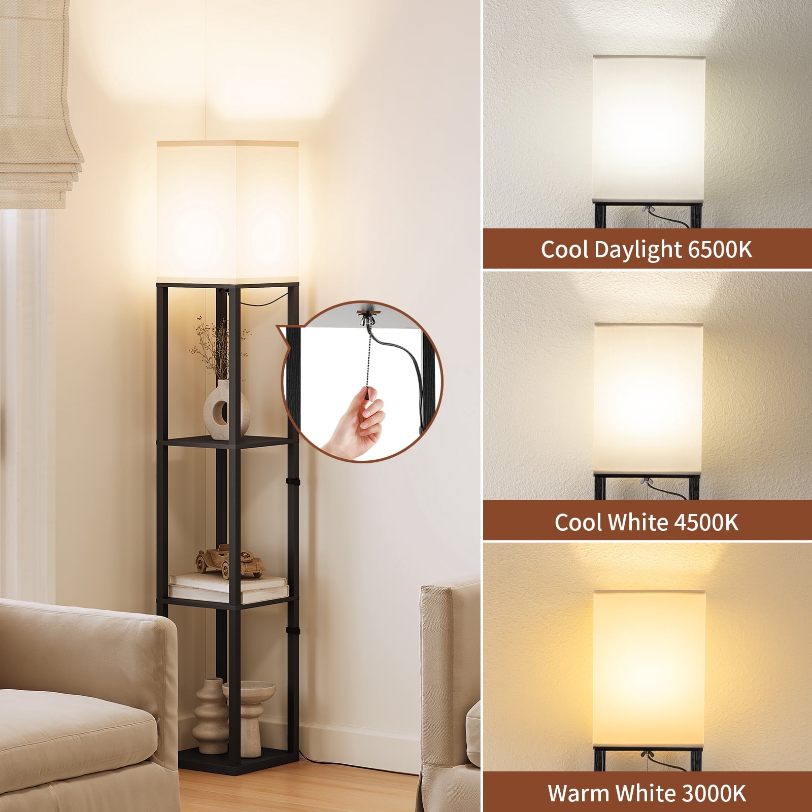 Cozylumi™ 63'' Floor Lamps with Shelves, Home Standing Lamp, Include 1000 Lumens