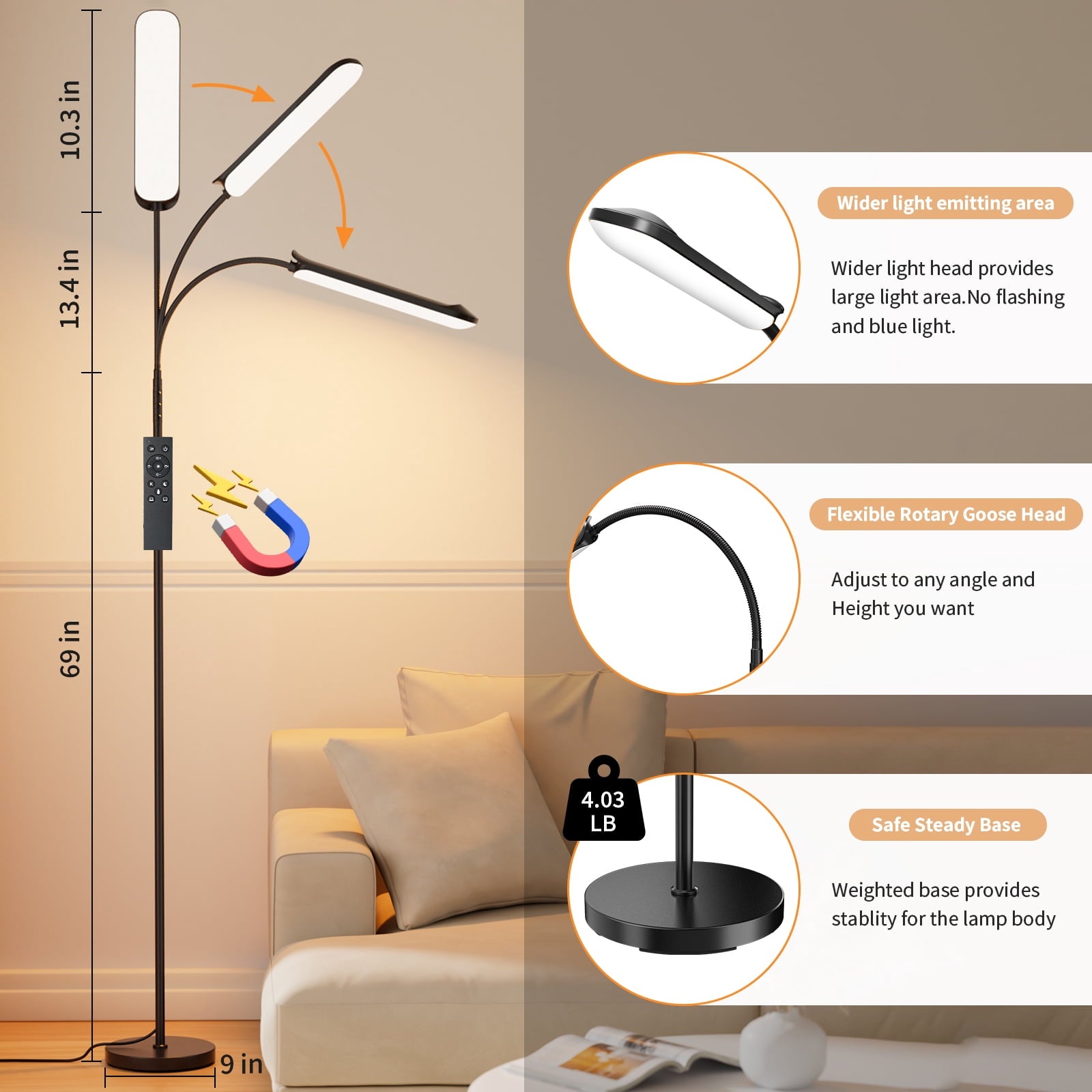 Cozylumi™ 69" Gooseneck Floor Lamp, 18W 1800LM & 3CCT, Dimmable 4 Color Temperatures