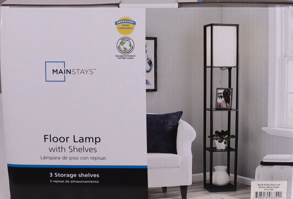Cozylumi™ 62 Inch Floor Lamp With Black Plastic Shelves and Sustainable White Fabric Shade