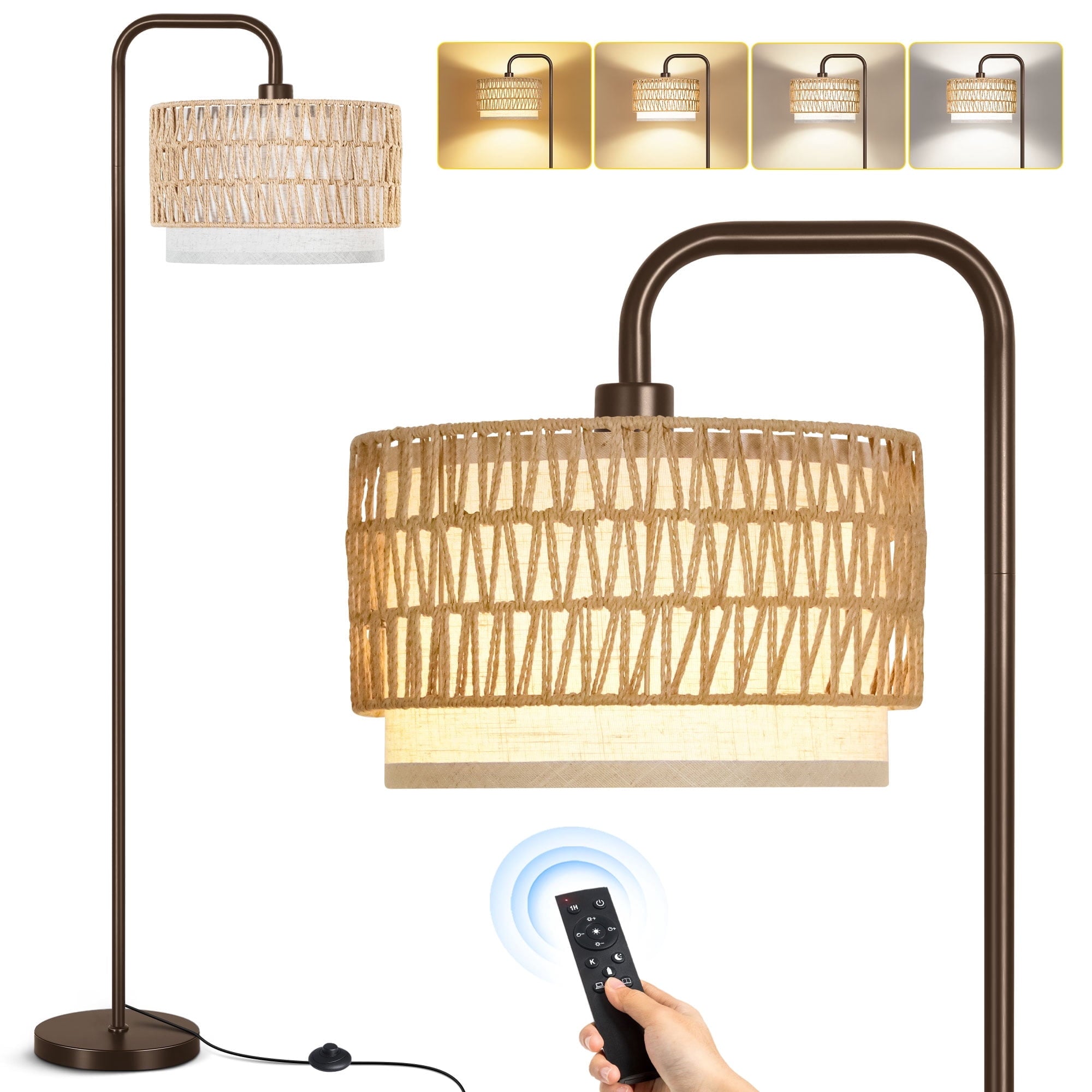 Cozylumi™ Floor Lamps, Boho Standing Lamps with Rattan & Linen Double Shades, Arc Lamp