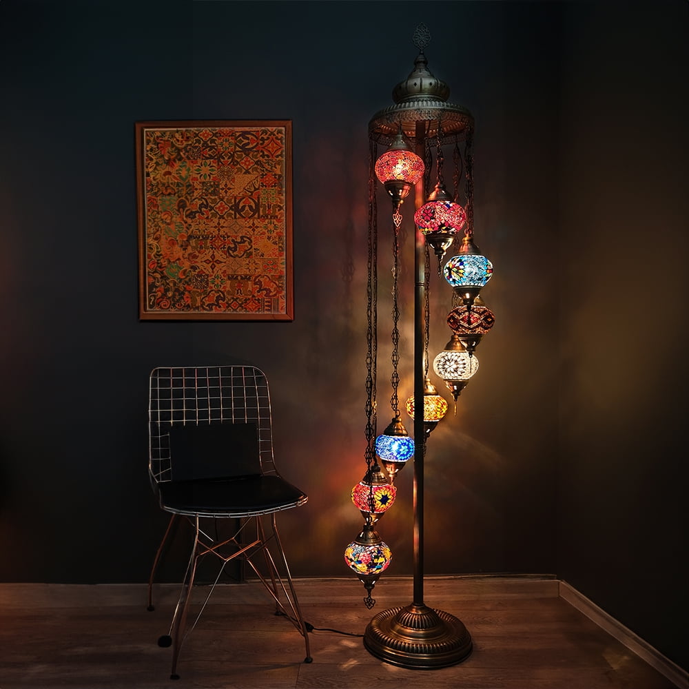 Cozylumi™ Asylove Turkish Lamp 9 Globe Mosaic Floor Lamp, Mosaic Standing Lamp 9 Globe