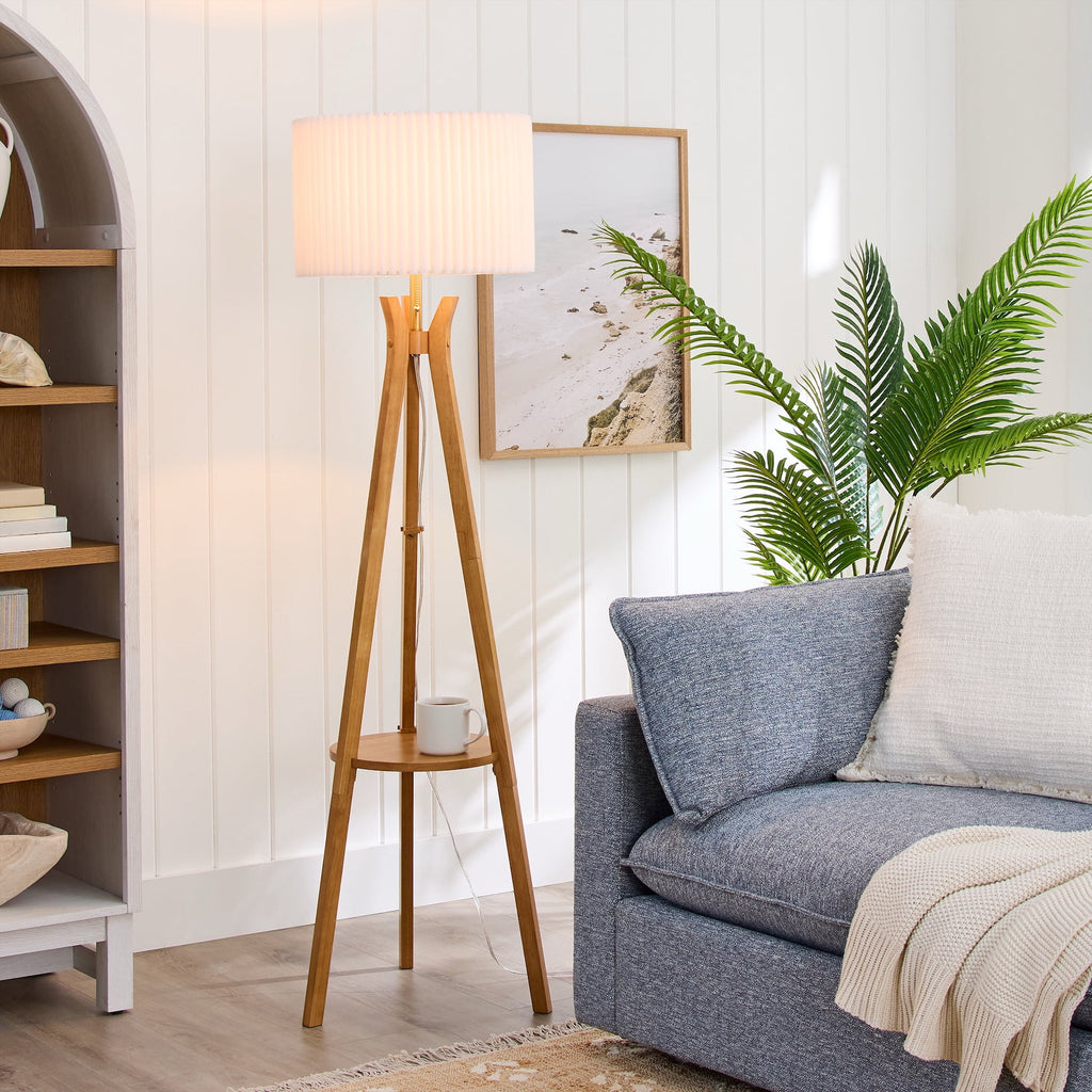 Cozylumi™ 63 in Natural Wood Tripod Floor Lamp with Pleated Shade