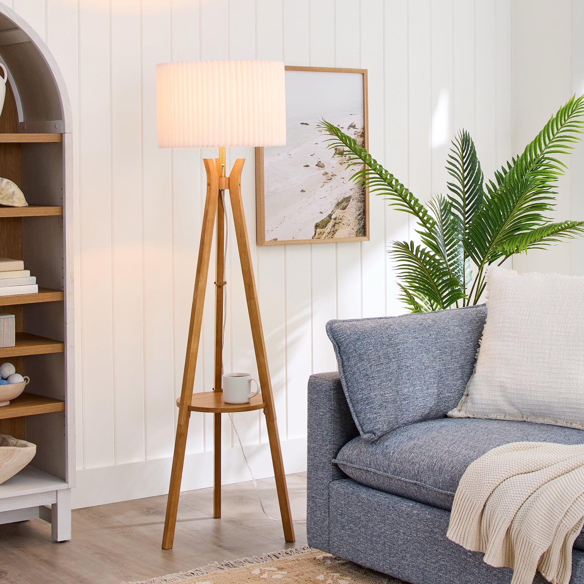Cozylumi™ 63 in Natural Wood Tripod Floor Lamp with Pleated Shade