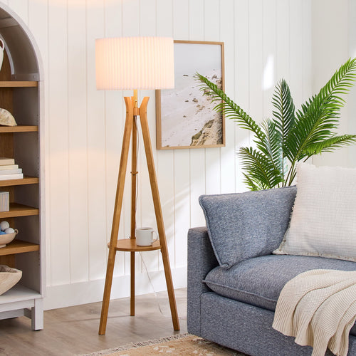 Cozylumi™ 63 in Natural Wood Tripod Floor Lamp with Pleated Shade