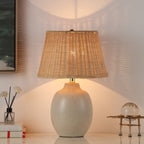 Cozylumi™ Cream Reactive Ceramic Table Lamp with Natural Rattan Shade, 18 in