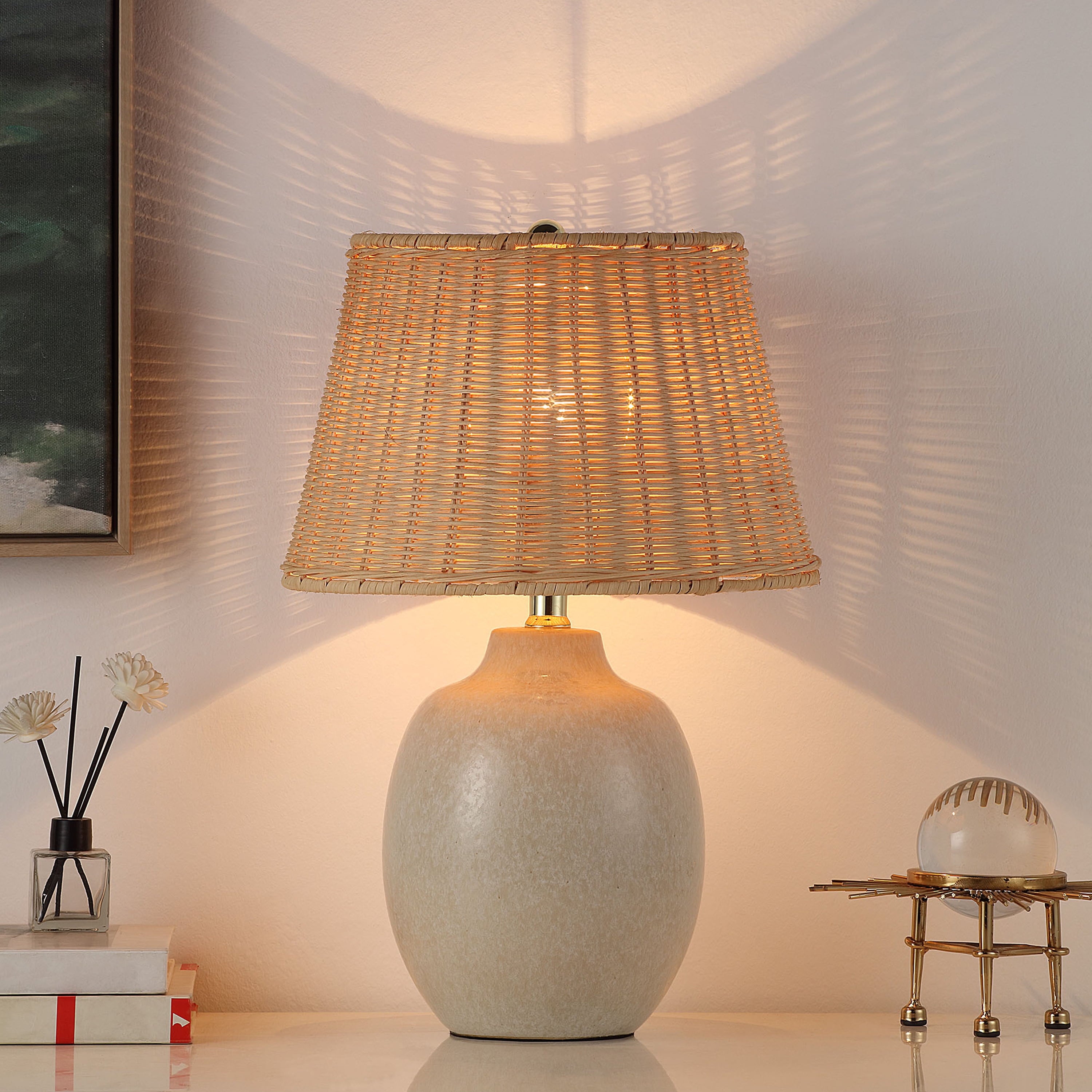 Cozylumi™ Cream Reactive Ceramic Table Lamp with Natural Rattan Shade, 18 in