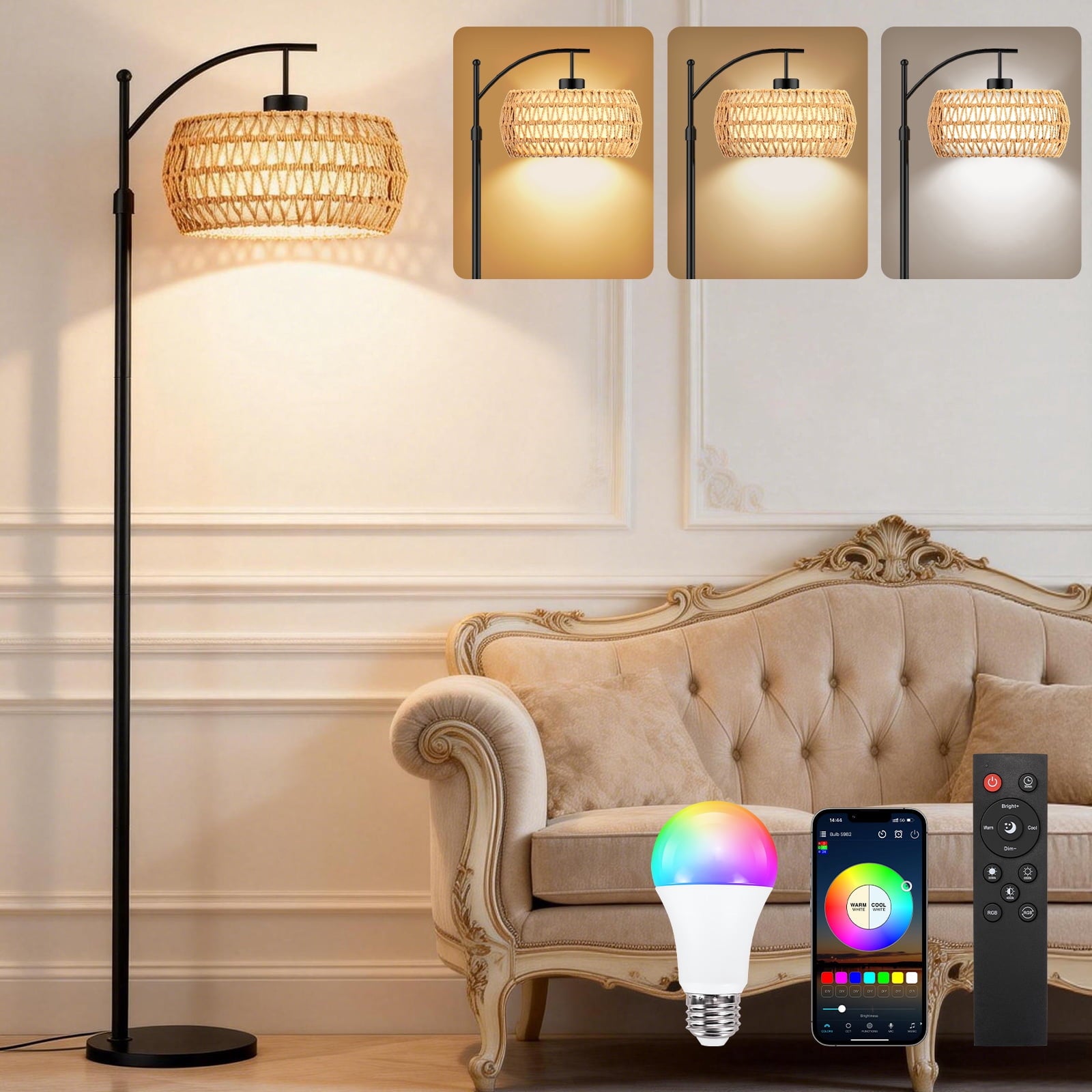 Cozylumi™ BLITZWILL RGB Arc Floor Lamp,3 Color Temperatures Dimmable,Rattan Boho Floor