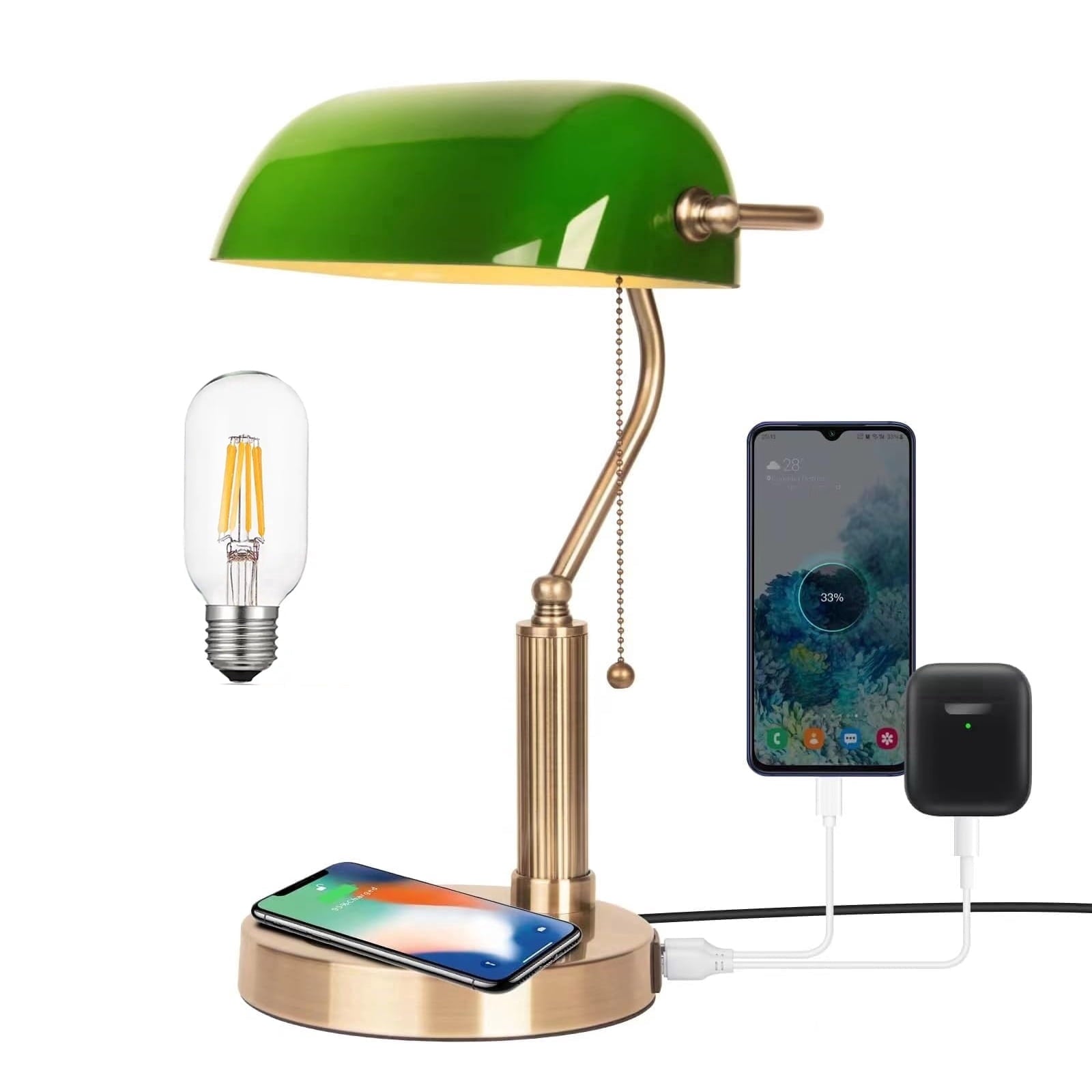Cozylumi™ Novaretro Vintage Green Glass Bankers Floor Lamp with Adjustable Arm & Pull