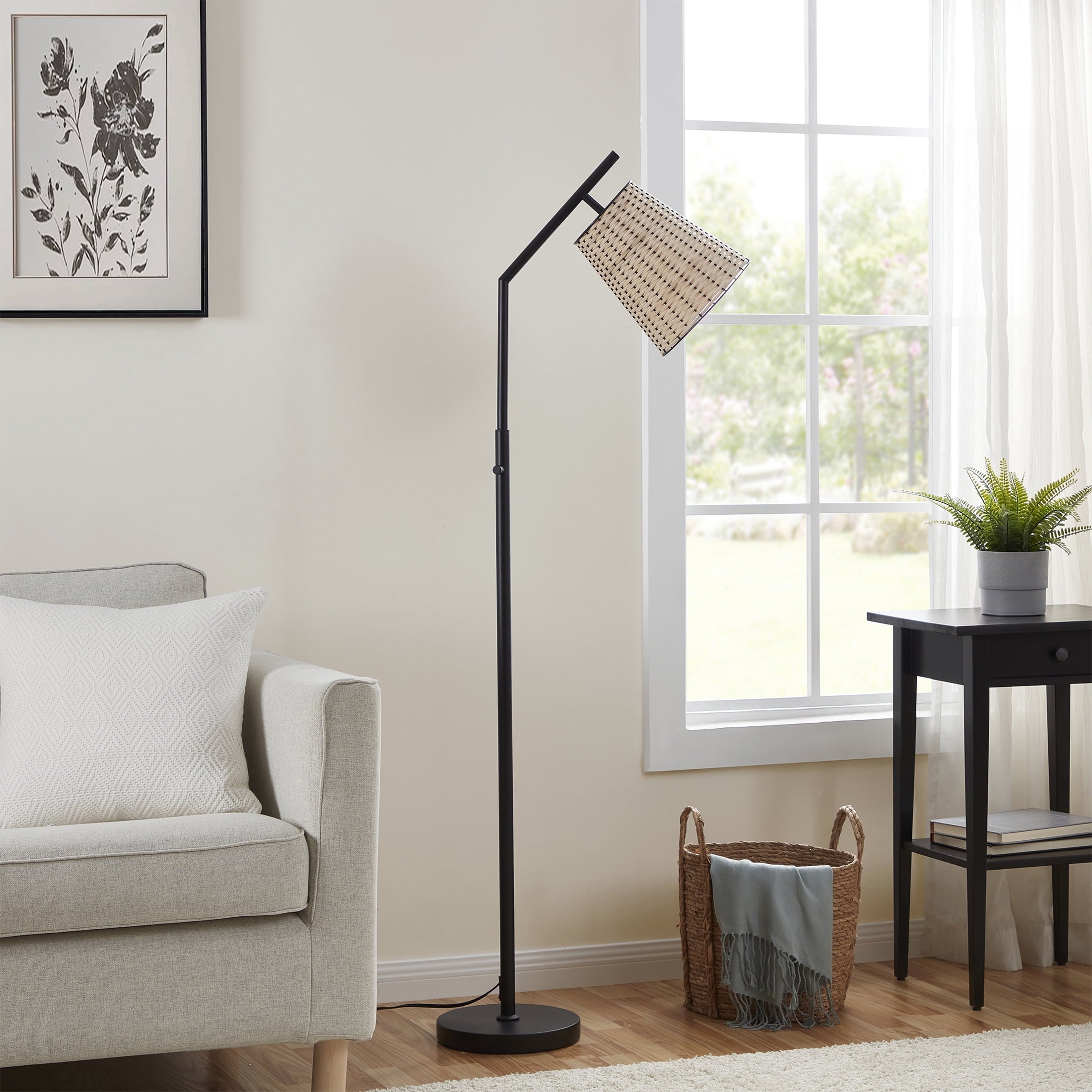 Cozylumi™ 60 in Boho Black Angled Floor Lamp with Rattan Shade