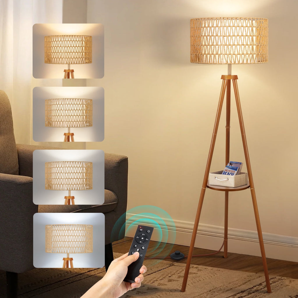 Cozylumi™ Boho Rattan Tripod Floor Lamp with Shelves, Dimmable Standing Lamp with